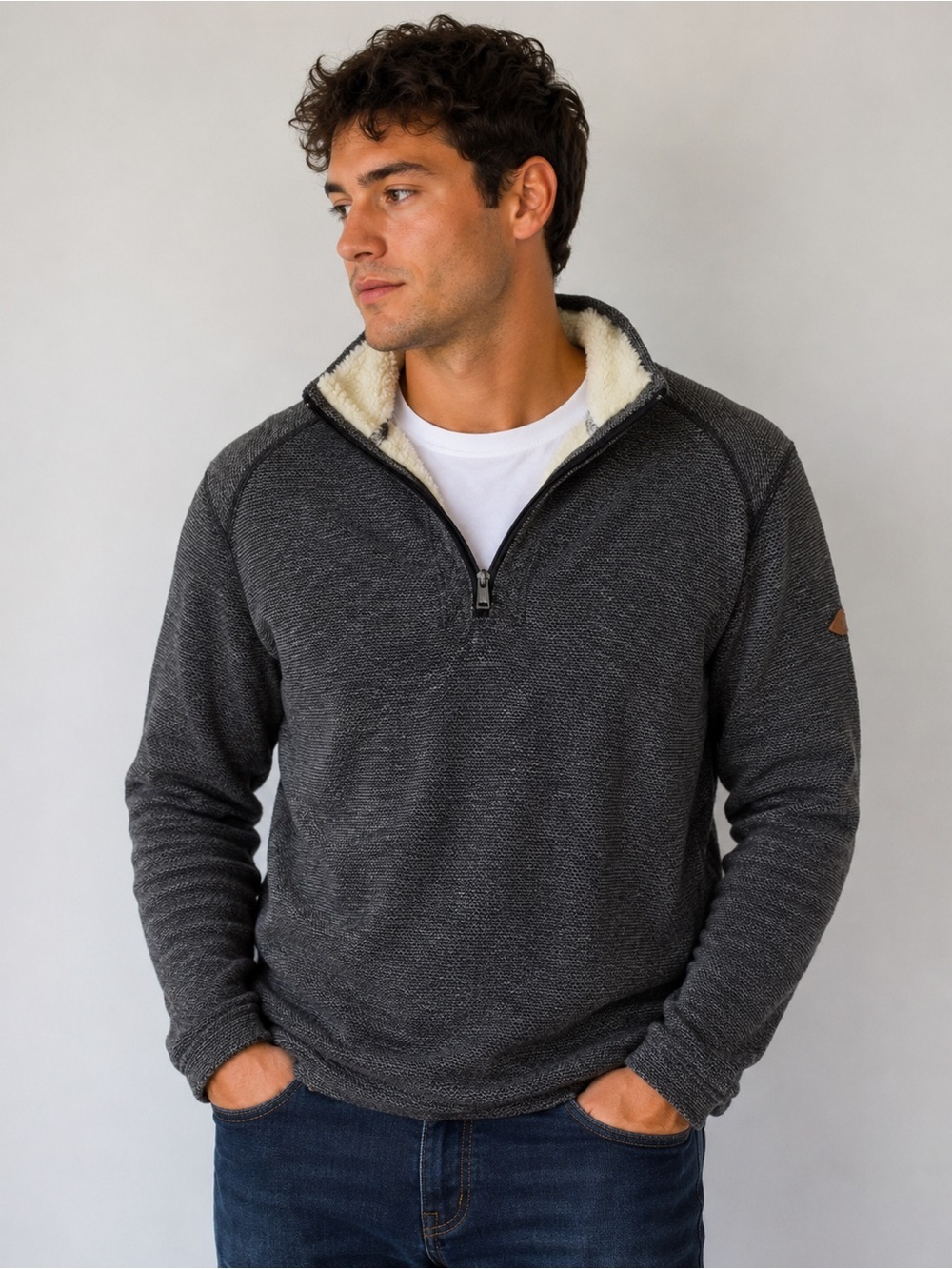 Orvis Sherpa Lined Quarter Zip Pullover Gray Fleece Sweater Medium